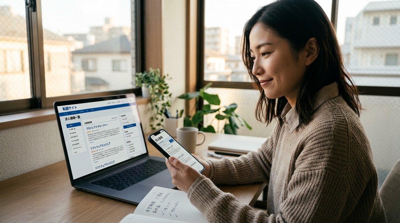求人情報を見比べながら転職を検討する日本人