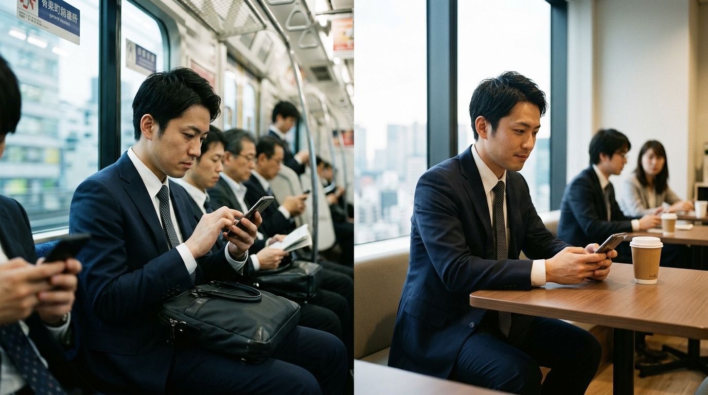働きながらスマートフォンで転職活動を進める日本人
