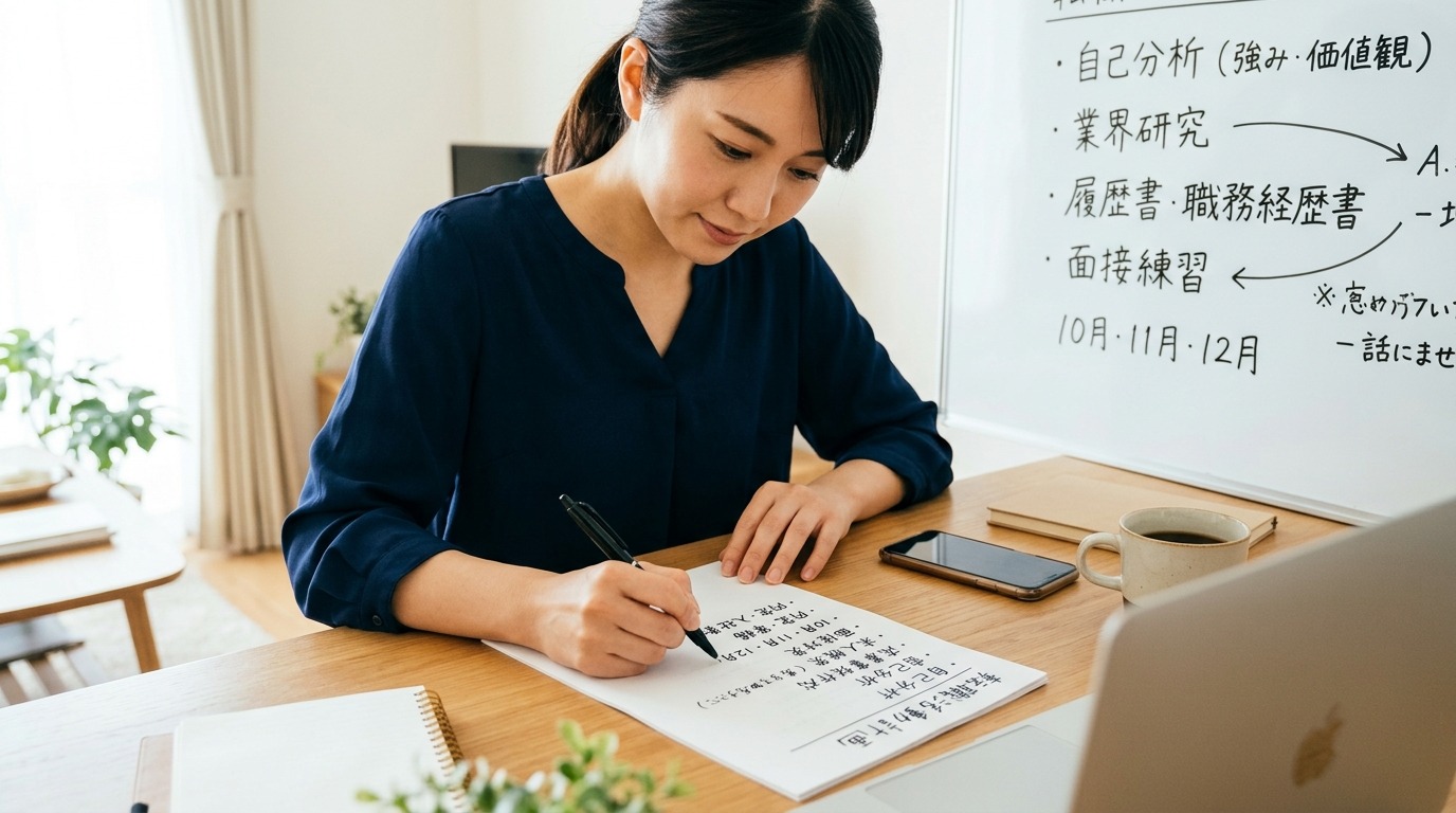 転職活動のステップを書き出して計画する場面