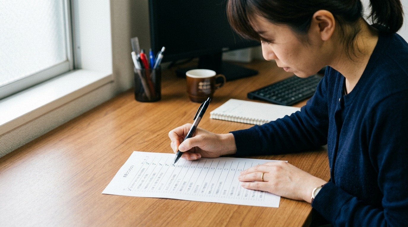 入社日までの予定をチェックリストで確認する日本人の手元
