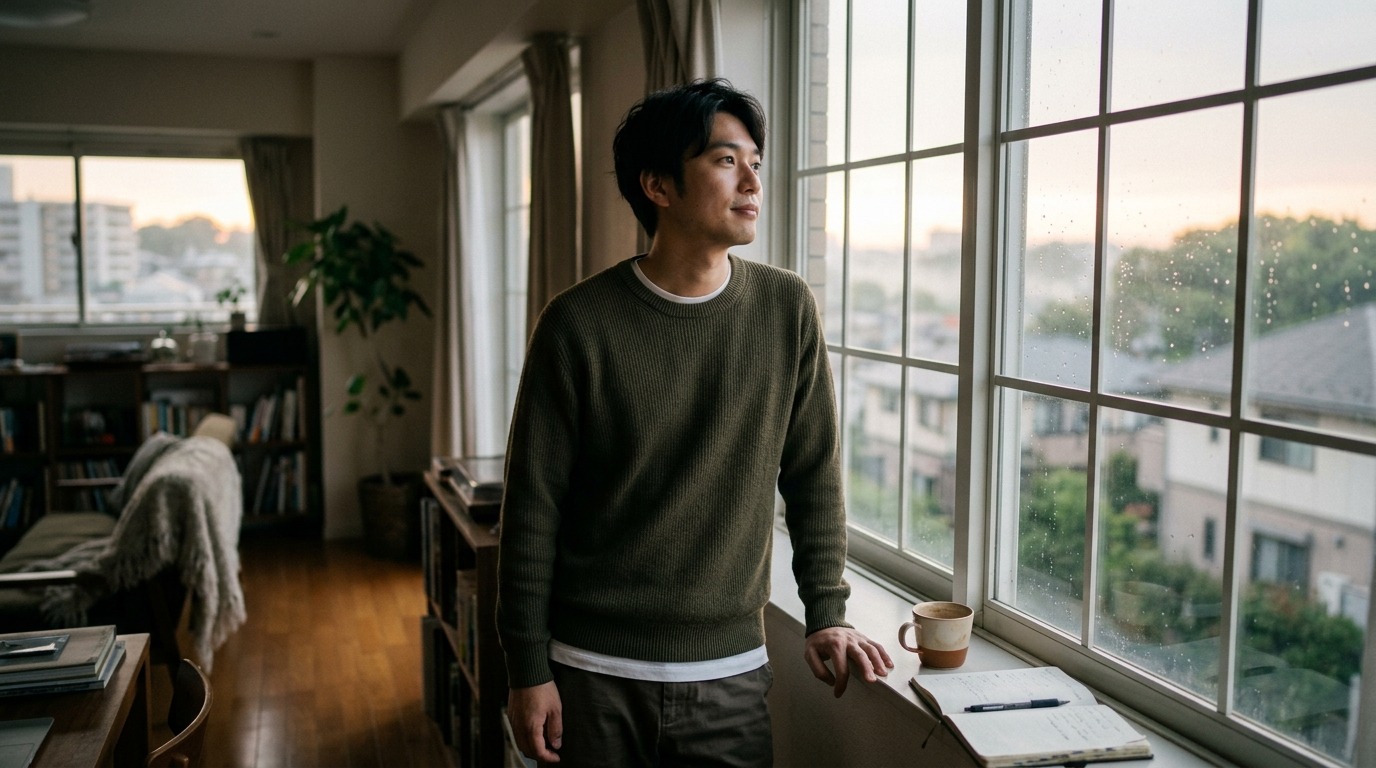 窓の外を見ながら自分の生き方について考える日本人