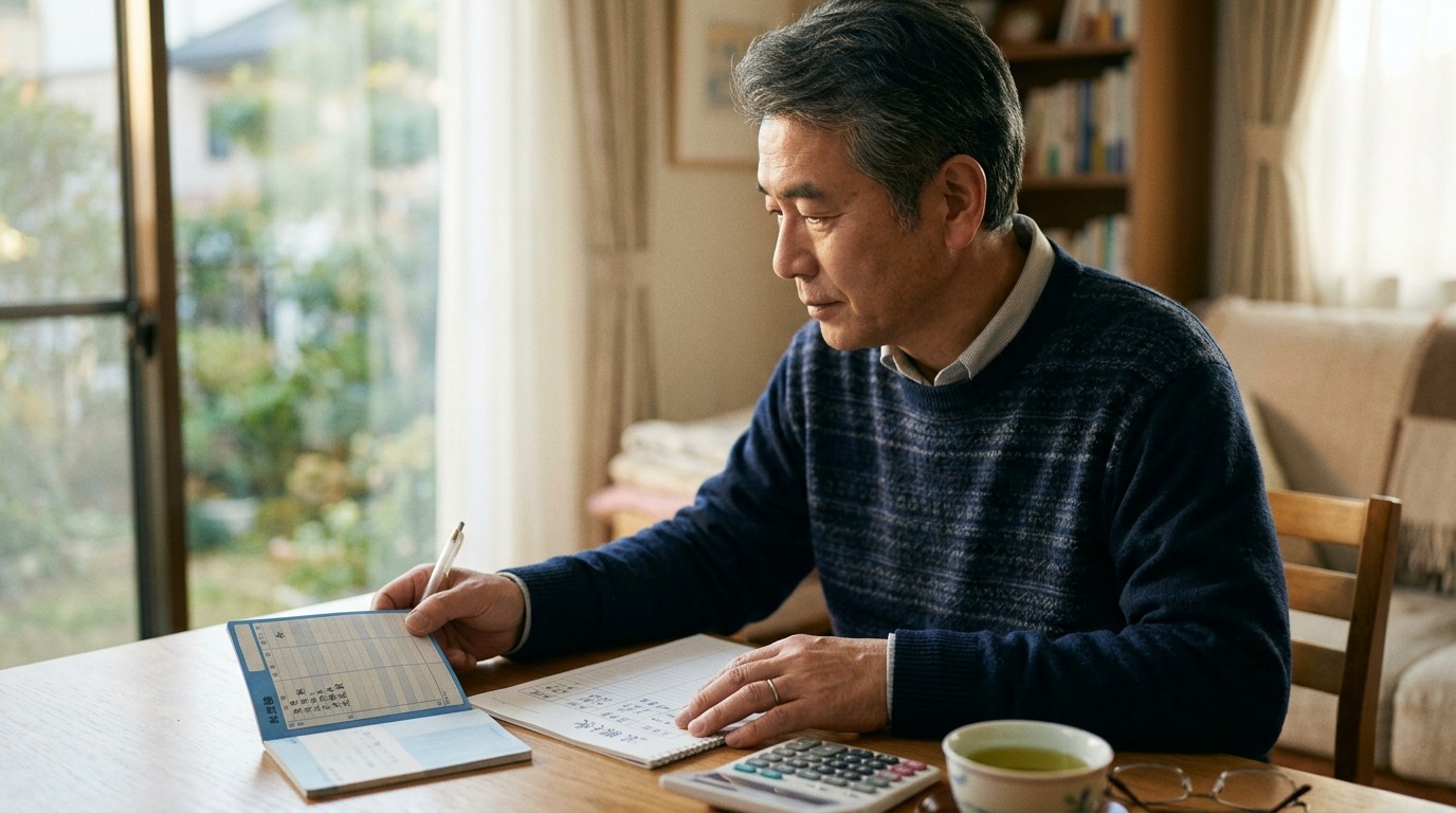 家計簿と通帳を見ながら退職後の生活費を計算する日本人