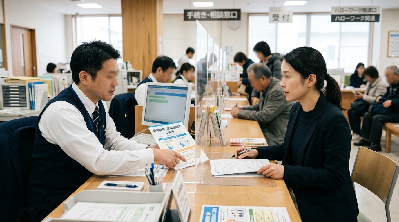 ハローワークで失業給付の相談をする日本人