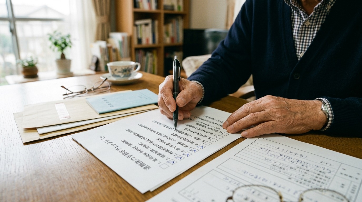 退職後の手続きリストをチェックしている日本人