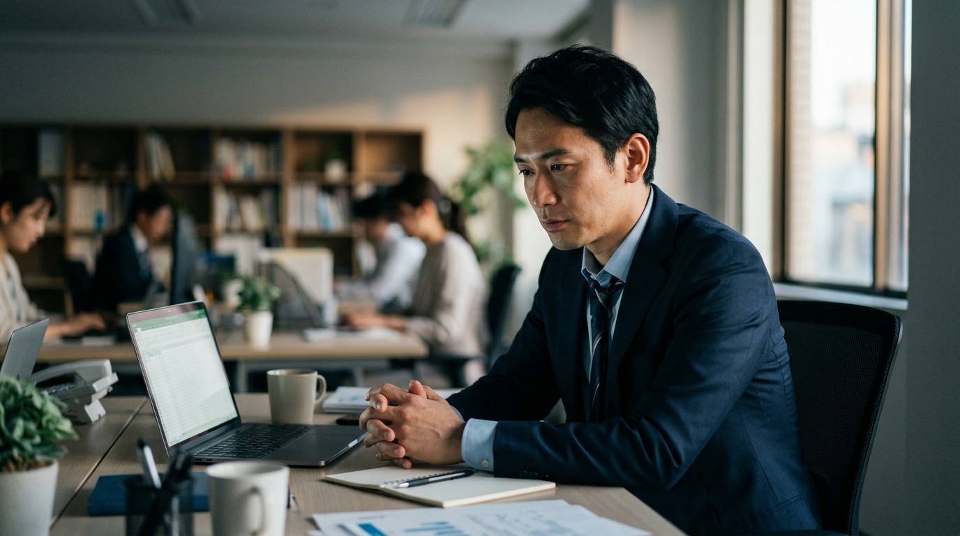 職場の人間関係に悩み、デスクで考え込む日本人の会社員