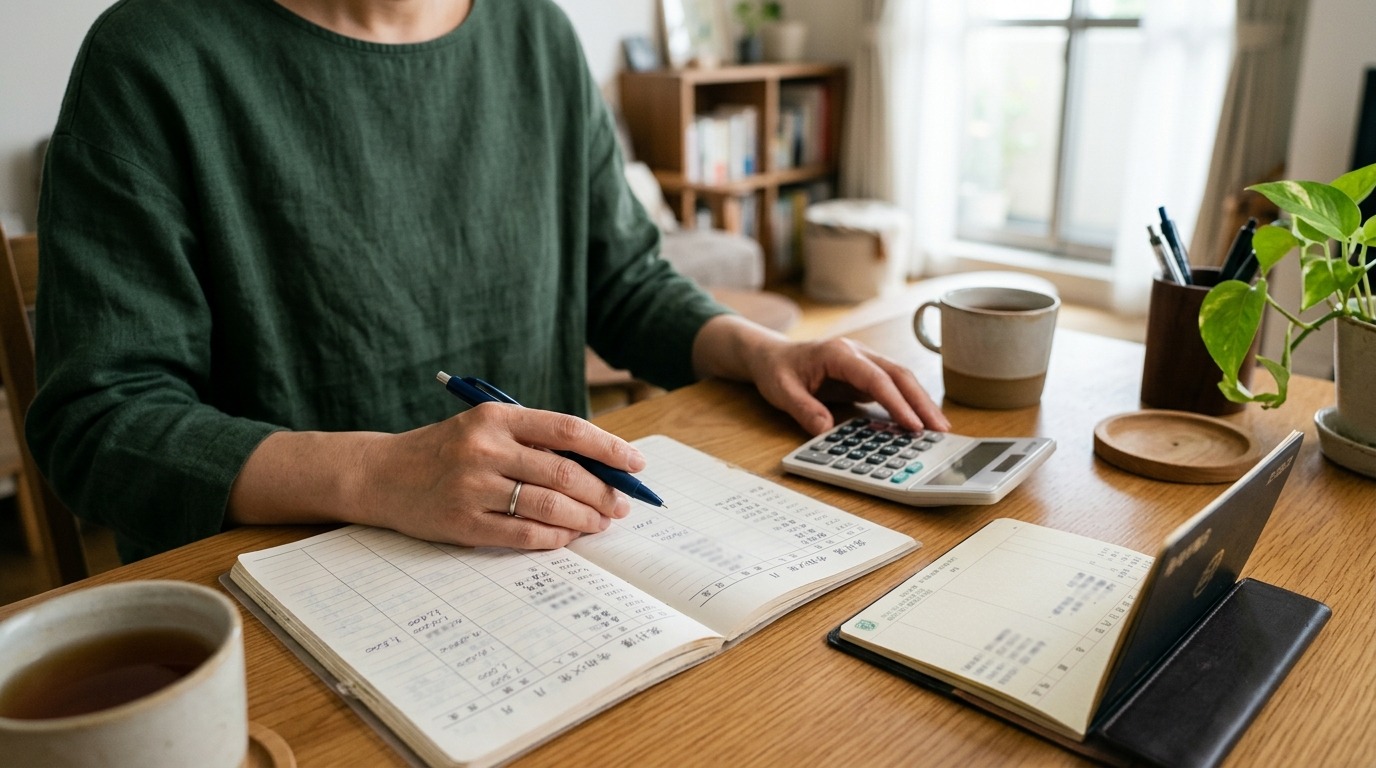 電卓とノートで転職前後のお金を計算する日本人の手元