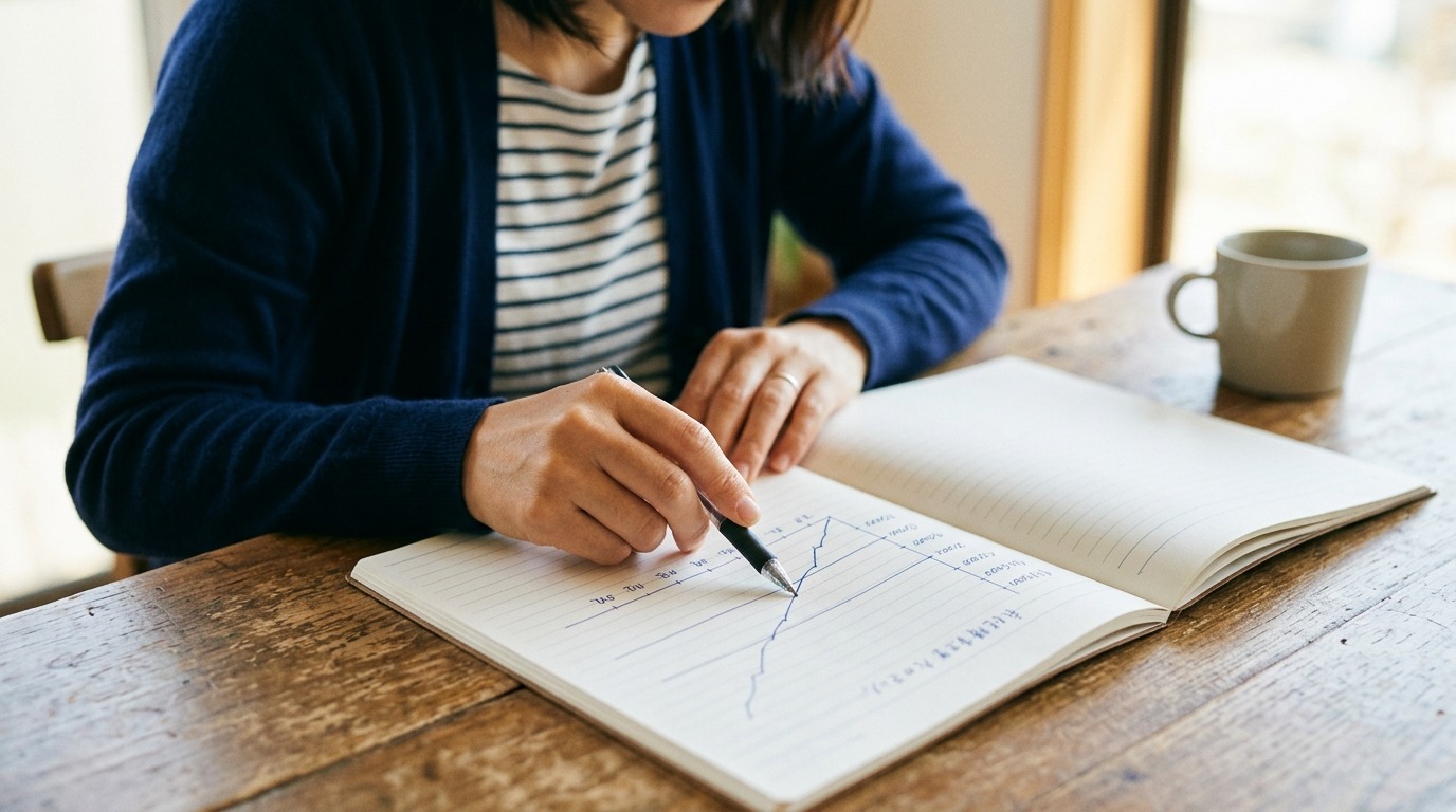 退職後の生活費の見通しをノートに書き出して整理する日本人