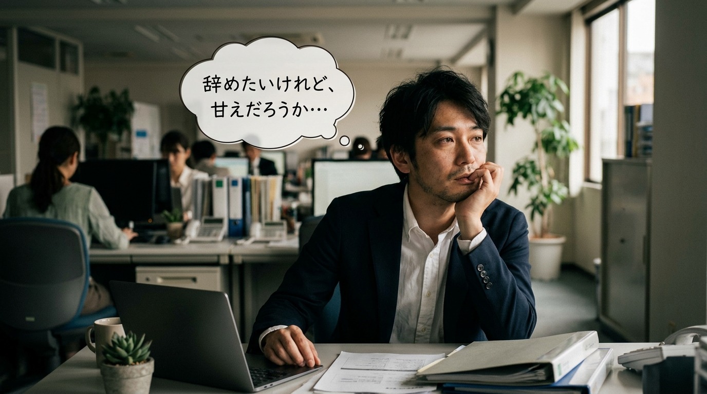 オフィスで疲れた表情のまま考え込む日本人のビジネスパーソン