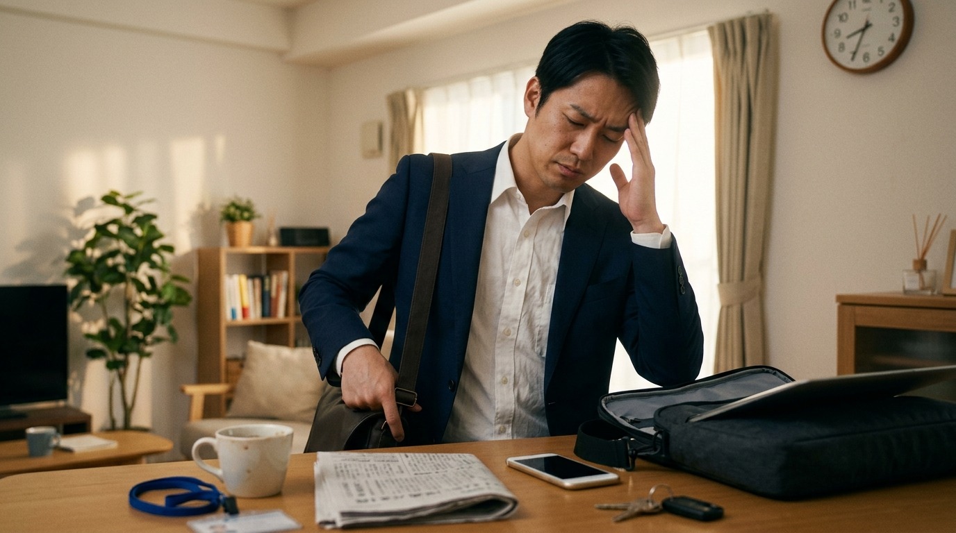 体調を崩し、朝に出勤準備の手が止まっている日本人