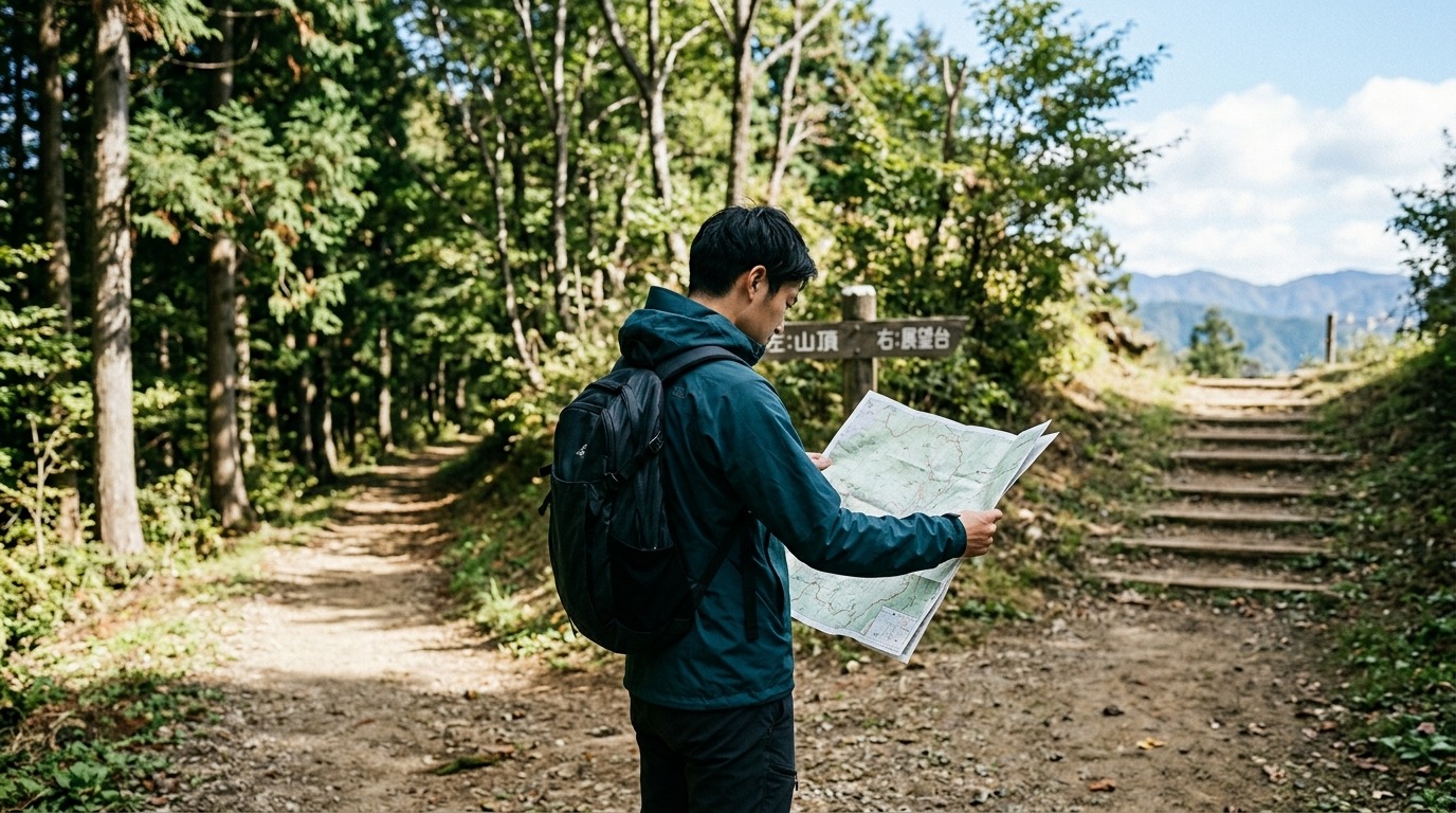 分かれ道の前で地図を広げて考える人のイメージ