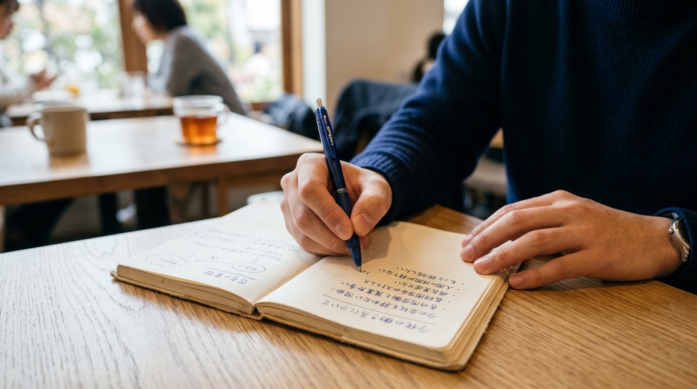 ノートに考えを書き出して整理している日本人の手元