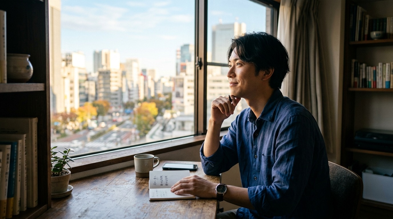 窓辺で前向きに次の一歩を考える日本人
