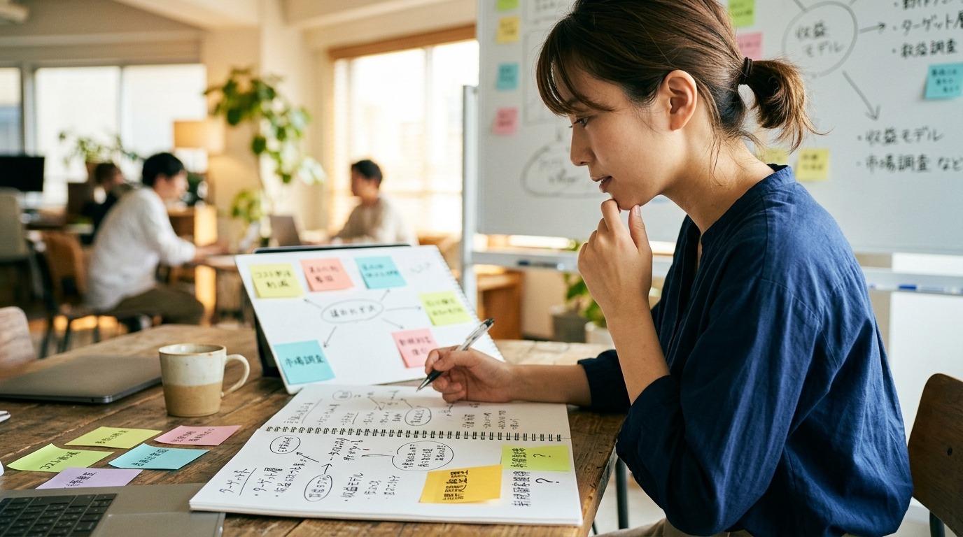 事業計画を見直しながら課題を整理する日本人